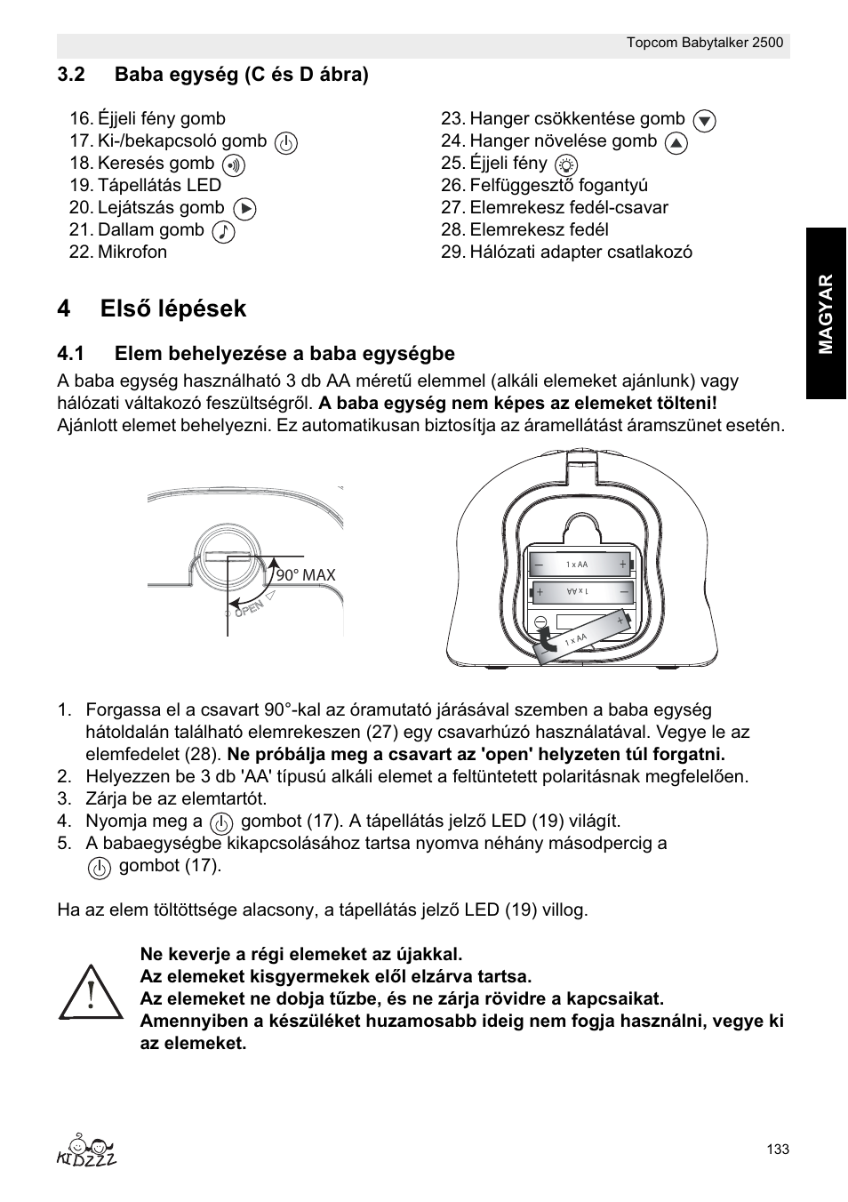 4elsę lépések, 2 baba egység (c és d ábra), 1 elem behelyezése a baba egységbe | Ma gyar, 90° max | Topcom BABYTALKER 2500 User Manual | Page 133 / 166