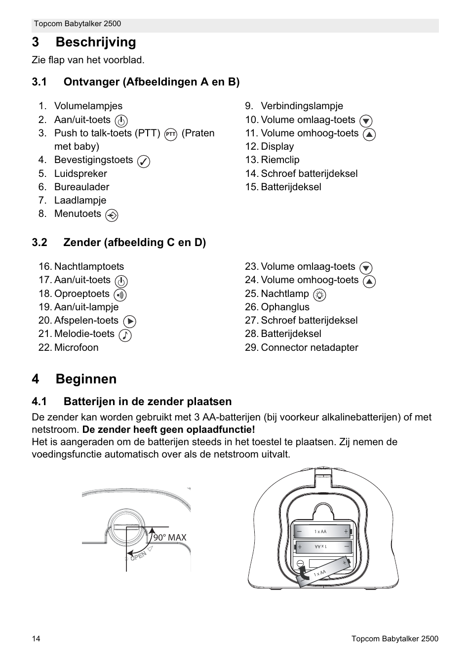 3beschrijving, 4beginnen, 1 batterijen in de zender plaatsen | Zie flap van het voorblad | Topcom BABYTALKER 2500 User Manual | Page 14 / 166
