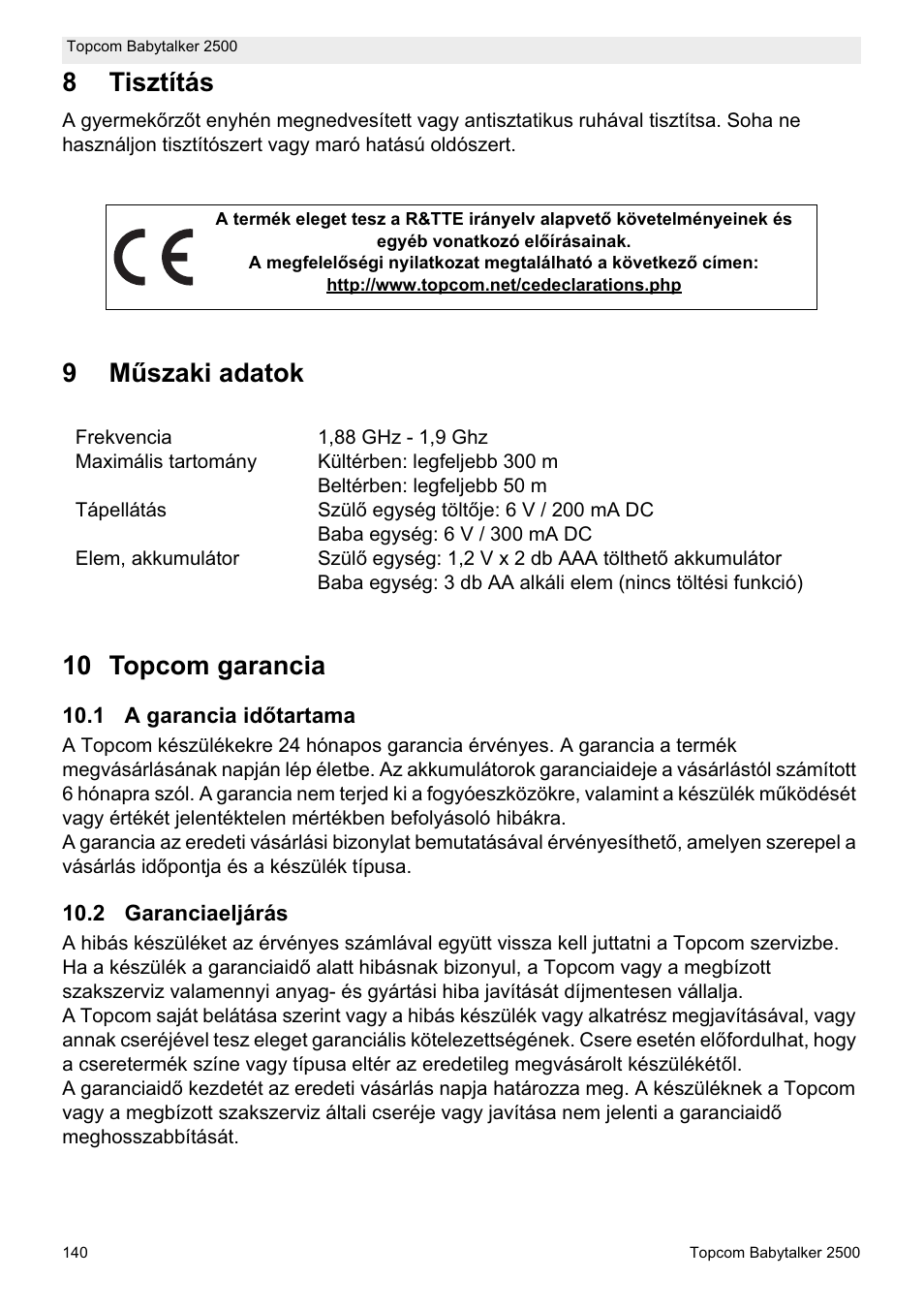 8tisztítás, 9mħszaki adatok 10 topcom garancia | Topcom BABYTALKER 2500 User Manual | Page 140 / 166