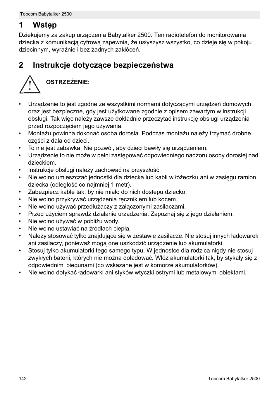 1wstċp, 2instrukcje dotyczące bezpieczeĕstwa | Topcom BABYTALKER 2500 User Manual | Page 142 / 166