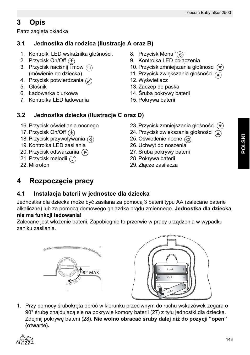 3opis, 4rozpoczċcie pracy, 1 instalacja baterii w jednostce dla dziecka | Polski, Patrz zagiċta okáadka | Topcom BABYTALKER 2500 User Manual | Page 143 / 166