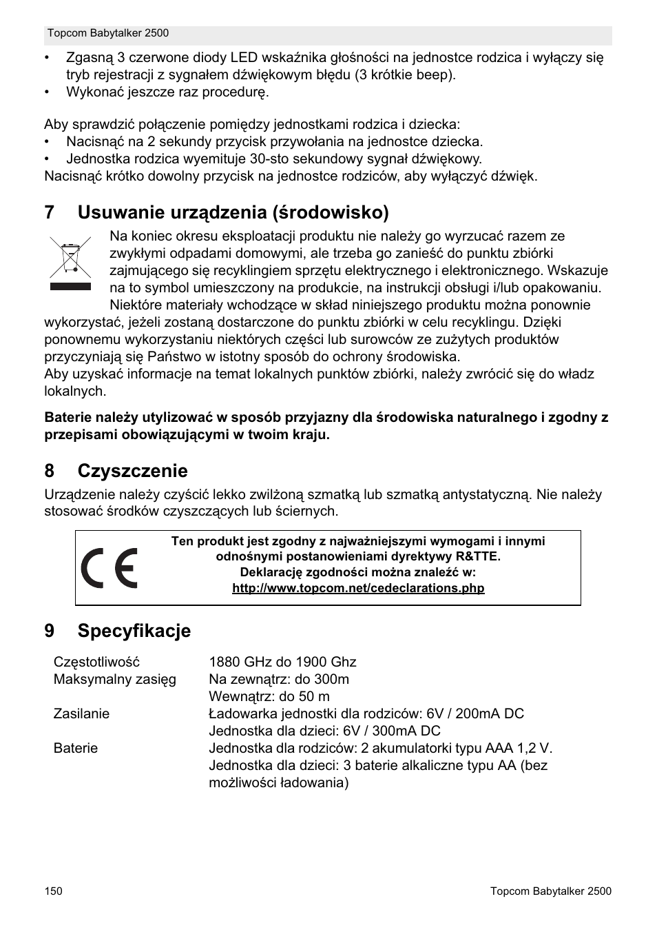 7usuwanie urządzenia (ğrodowisko), 8czyszczenie, 9specyfikacje | Topcom BABYTALKER 2500 User Manual | Page 150 / 166