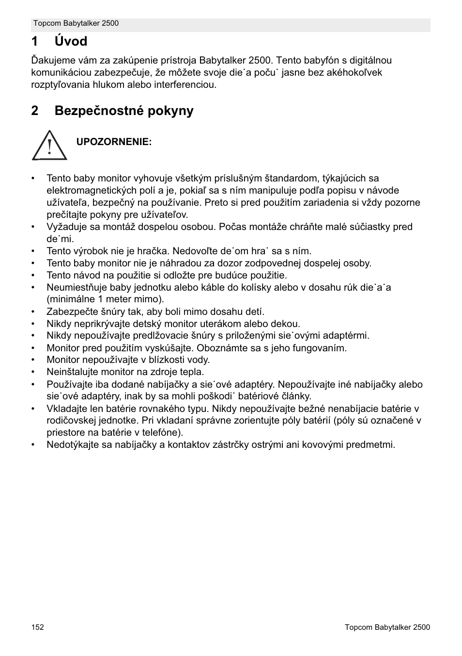 1úvod, 2bezpeþnostné pokyny | Topcom BABYTALKER 2500 User Manual | Page 152 / 166