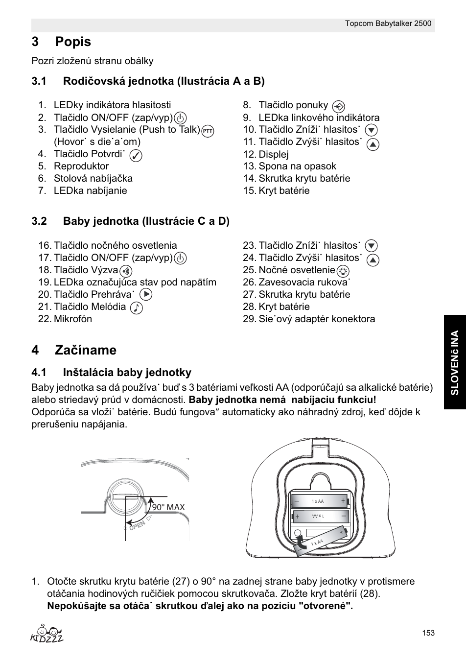 3popis, 4zaþíname, 1 inštalácia baby jednotky | Sl ovenþ ina, Pozri zloženú stranu obálky | Topcom BABYTALKER 2500 User Manual | Page 153 / 166