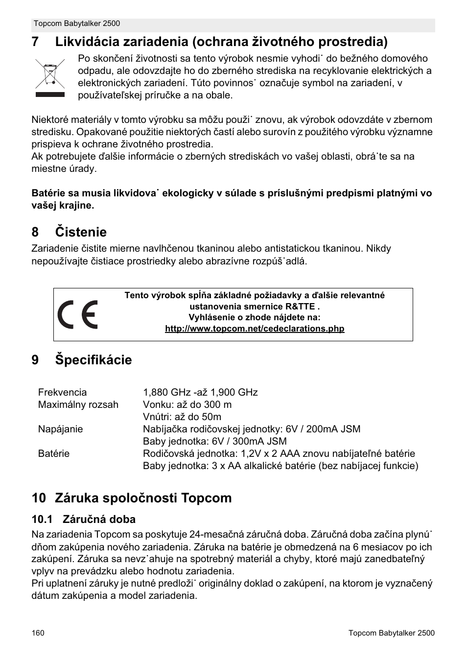 8ýistenie, 9špecifikácie 10 záruka spoloþnosti topcom | Topcom BABYTALKER 2500 User Manual | Page 160 / 166