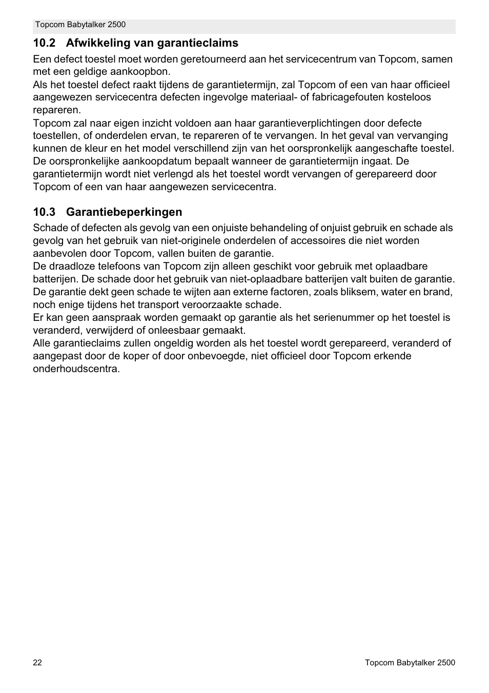 2 afwikkeling van garantieclaims, 3 garantiebeperkingen | Topcom BABYTALKER 2500 User Manual | Page 22 / 166