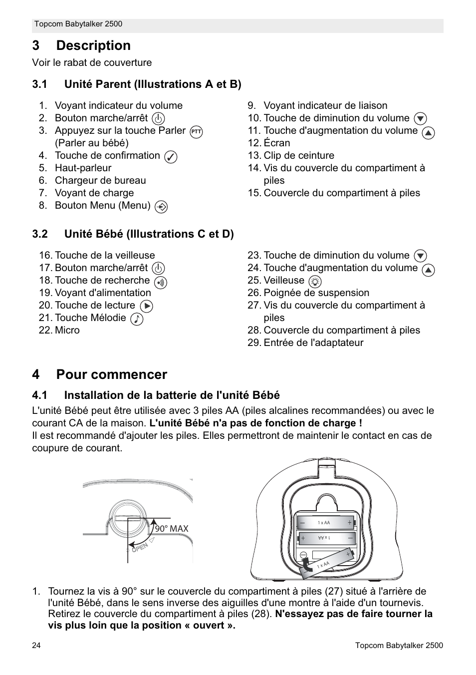 3description, 4pour commencer, 1 installation de la batterie de l'unité bébé | Voir le rabat de couverture | Topcom BABYTALKER 2500 User Manual | Page 24 / 166