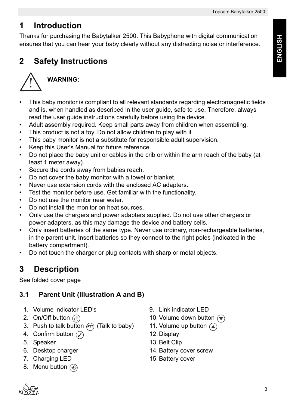 1introduction, 2safety instructions, 3description | Topcom BABYTALKER 2500 User Manual | Page 3 / 166
