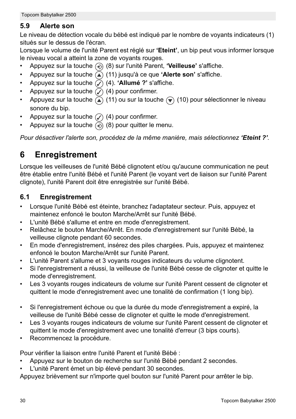 6enregistrement | Topcom BABYTALKER 2500 User Manual | Page 30 / 166