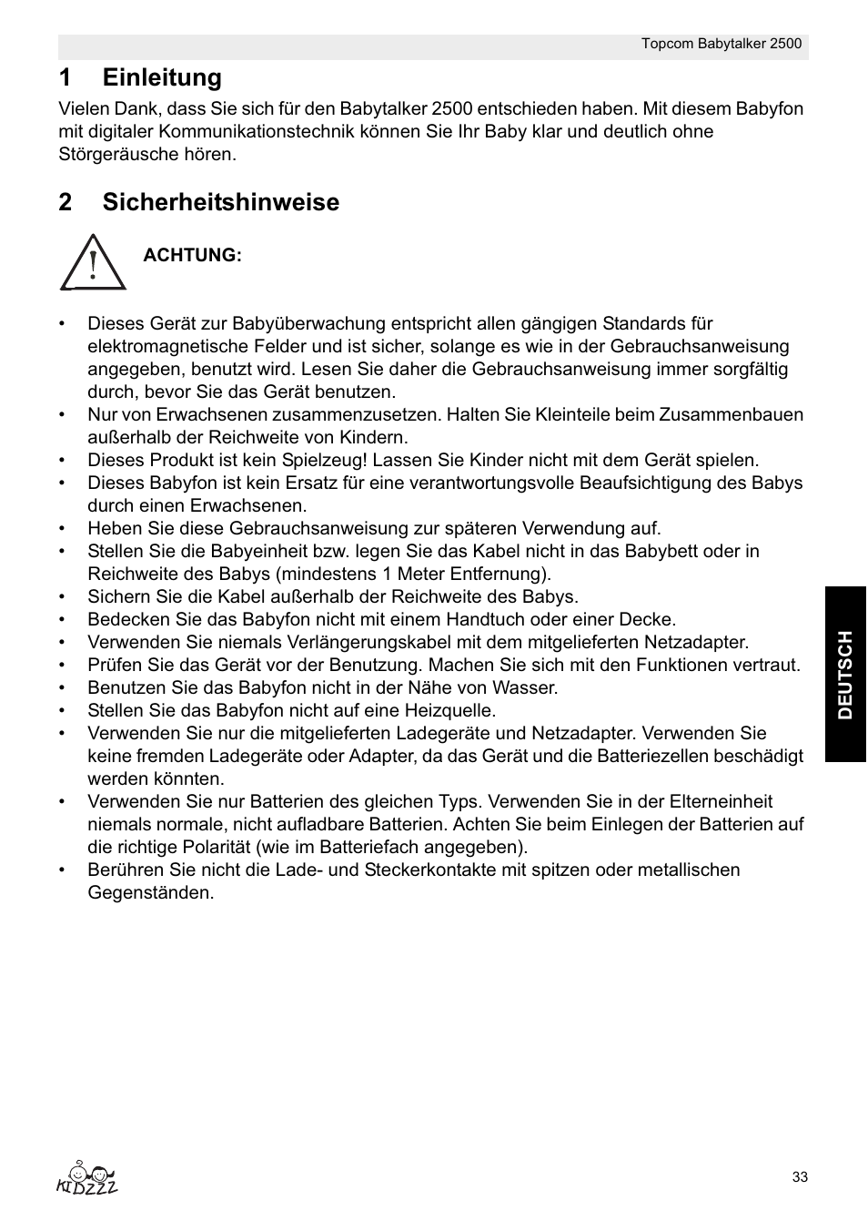 1einleitung, 2sicherheitshinweise | Topcom BABYTALKER 2500 User Manual | Page 33 / 166