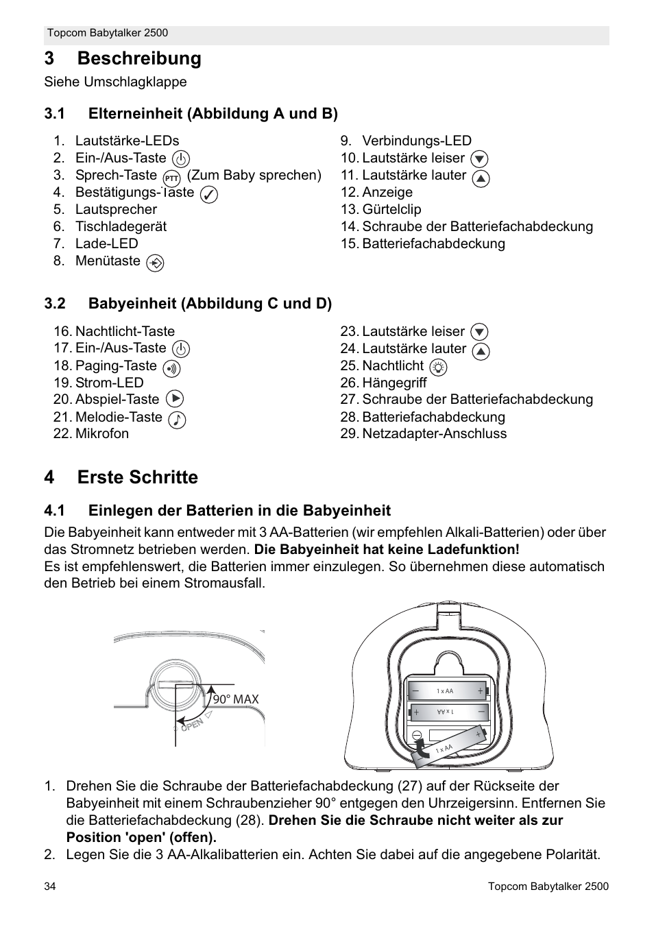 3beschreibung, 4erste schritte, 1 einlegen der batterien in die babyeinheit | Siehe umschlagklappe | Topcom BABYTALKER 2500 User Manual | Page 34 / 166
