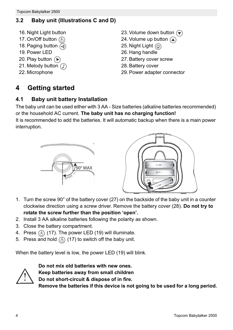 4getting started, 2 baby unit (illustrations c and d), 1 baby unit battery installation | 90° max | Topcom BABYTALKER 2500 User Manual | Page 4 / 166