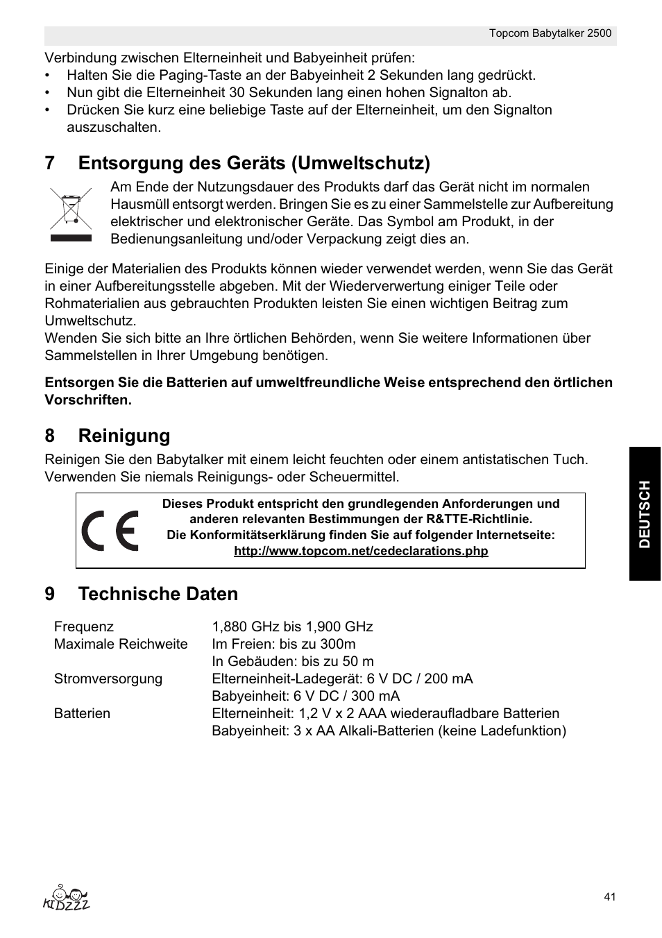 7entsorgung des geräts (umweltschutz), 8reinigung, 9technische daten | Topcom BABYTALKER 2500 User Manual | Page 41 / 166