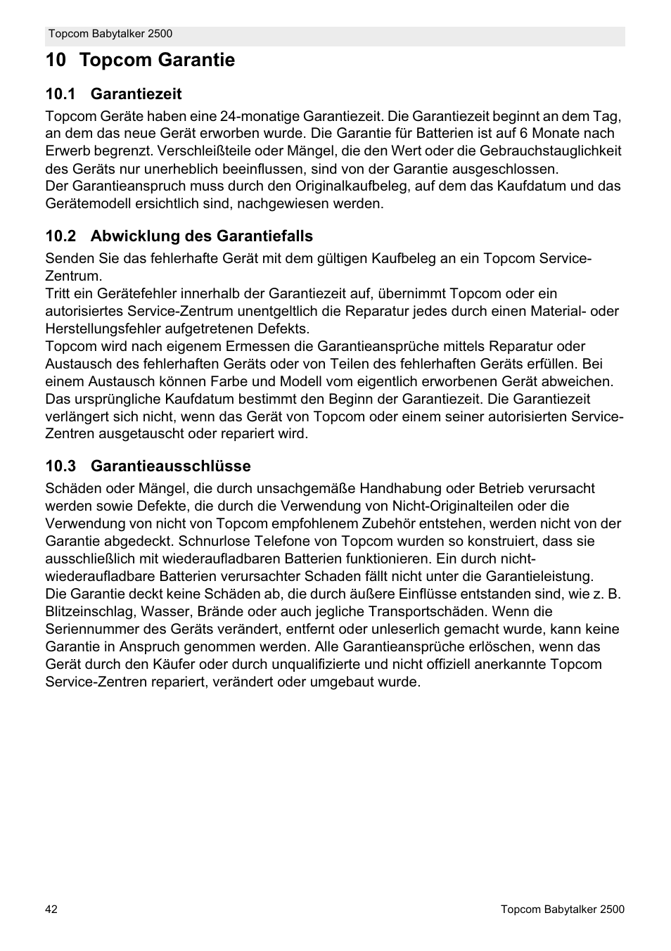 10 topcom garantie | Topcom BABYTALKER 2500 User Manual | Page 42 / 166