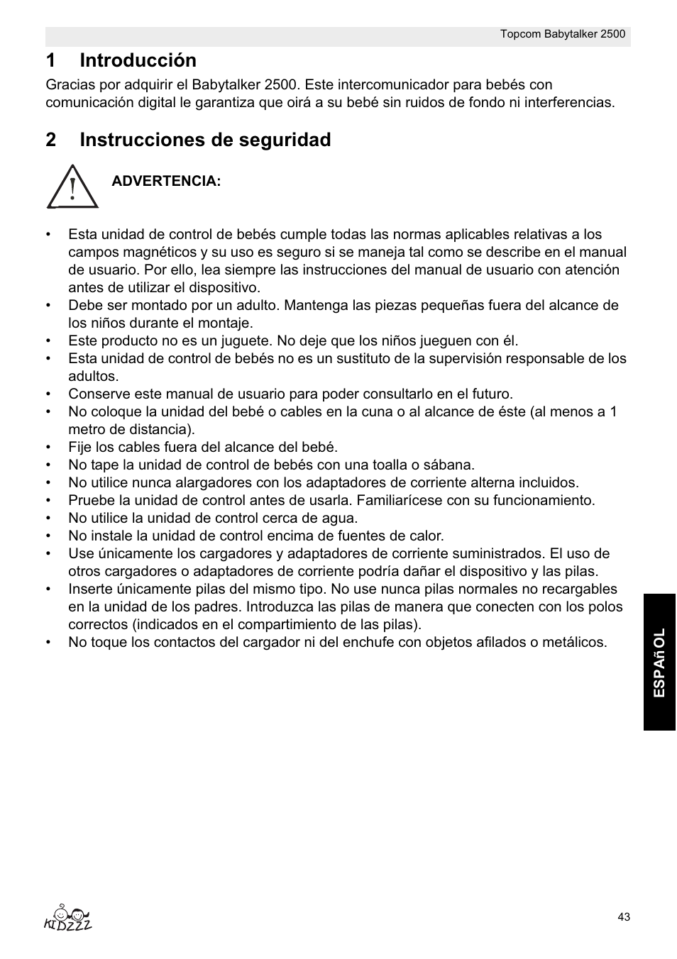 1introducción, 2instrucciones de seguridad | Topcom BABYTALKER 2500 User Manual | Page 43 / 166