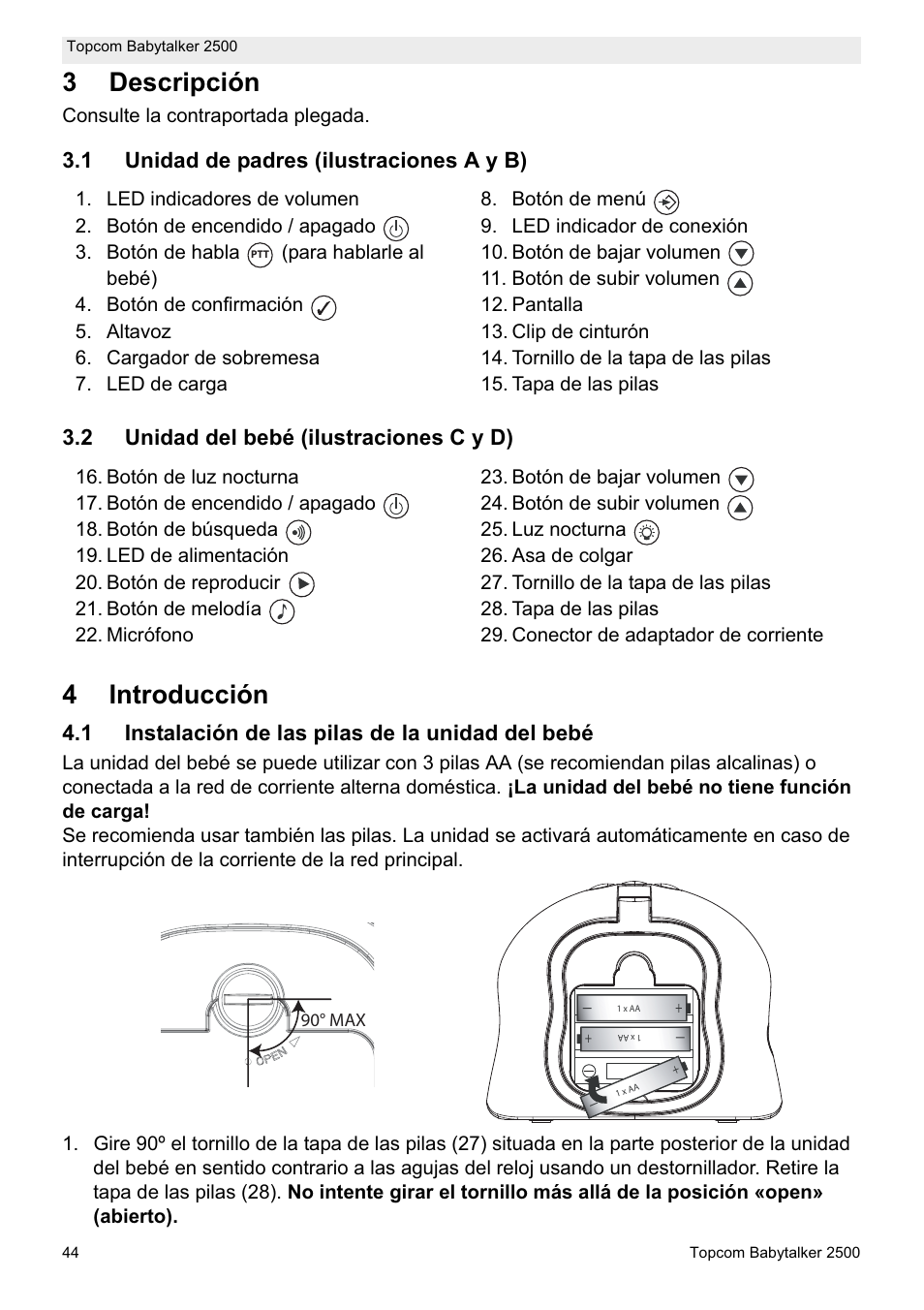 3descripción, 4introducción, 1 instalación de las pilas de la unidad del bebé | Consulte la contraportada plegada | Topcom BABYTALKER 2500 User Manual | Page 44 / 166