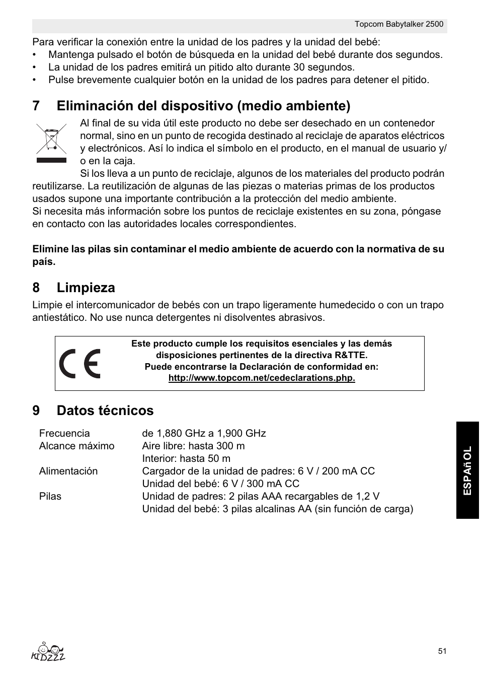 7eliminación del dispositivo (medio ambiente), 8limpieza, 9datos técnicos | Topcom BABYTALKER 2500 User Manual | Page 51 / 166