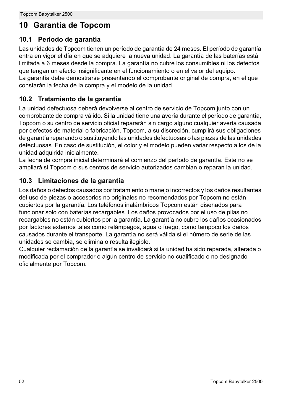 10 garantía de topcom | Topcom BABYTALKER 2500 User Manual | Page 52 / 166