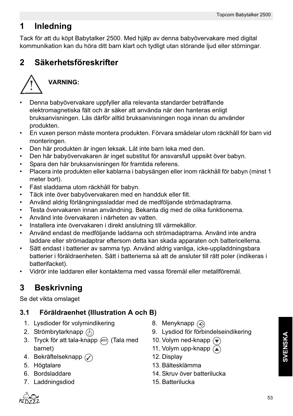 1inledning, 2säkerhetsföreskrifter, 3beskrivning | Topcom BABYTALKER 2500 User Manual | Page 53 / 166