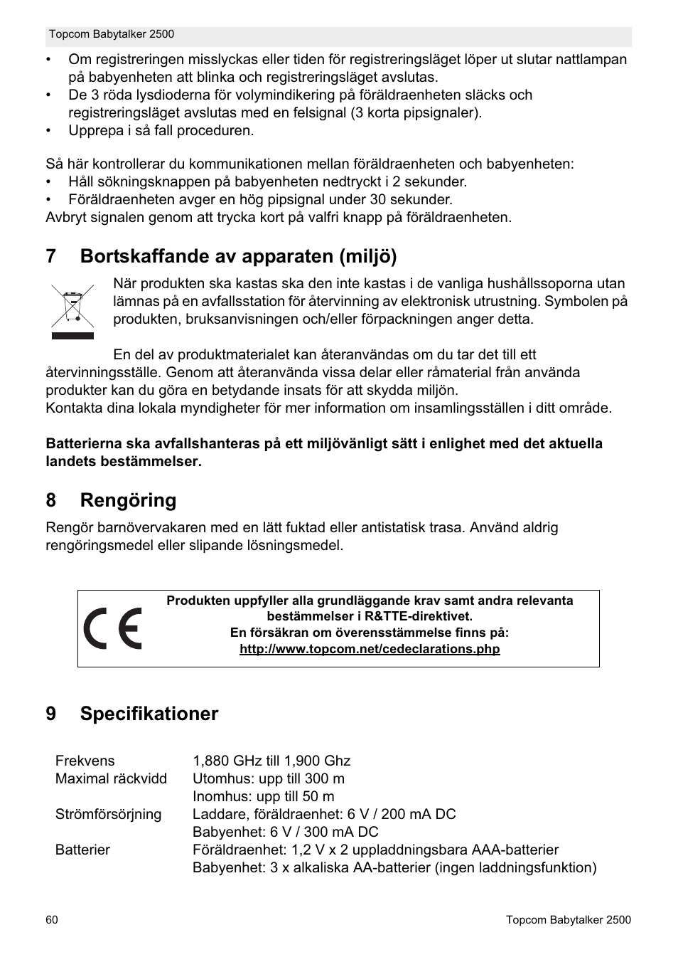 7bortskaffande av apparaten (miljö), 8rengöring, 9specifikationer | Topcom BABYTALKER 2500 User Manual | Page 60 / 166