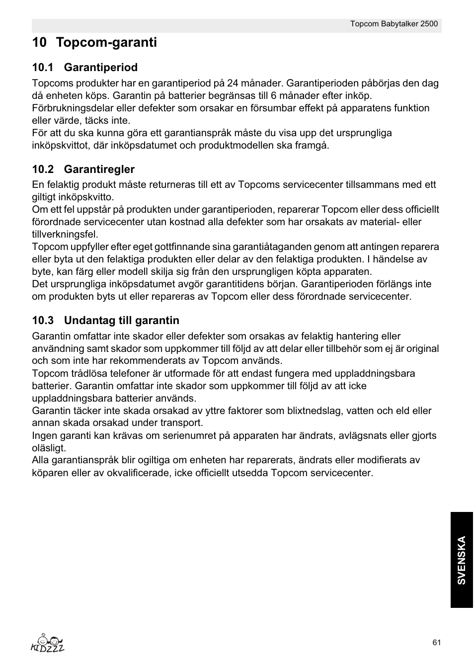 10 topcom-garanti | Topcom BABYTALKER 2500 User Manual | Page 61 / 166