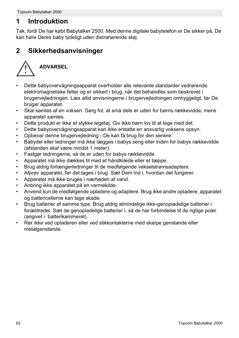 1introduktion, 2sikkerhedsanvisninger | Topcom BABYTALKER 2500 User Manual | Page 62 / 166