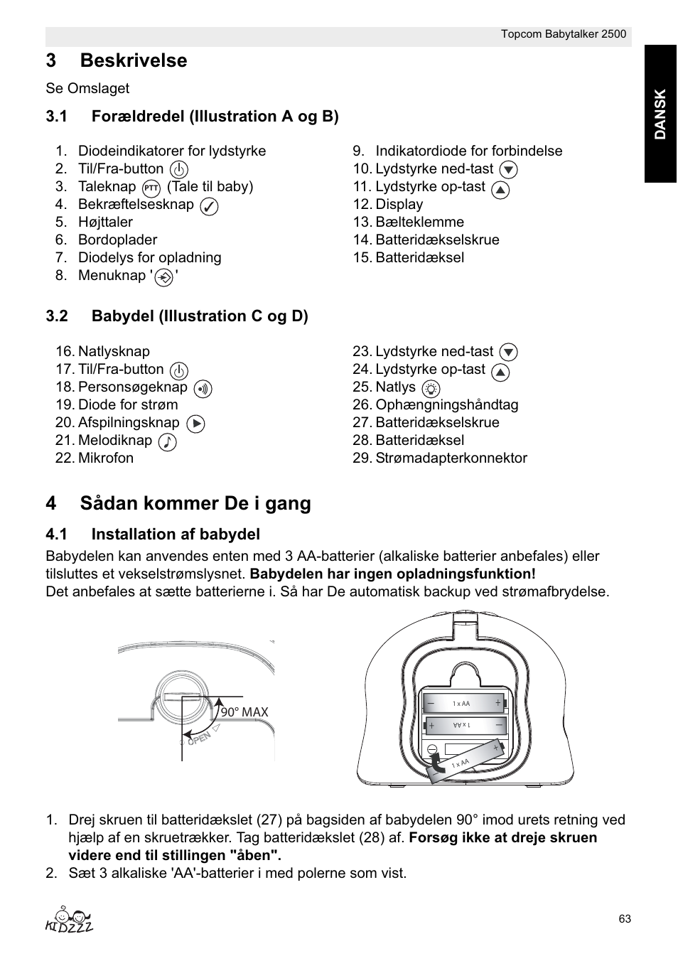 3beskrivelse, 4sådan kommer de i gang, 1 installation af babydel | Dansk, Se omslaget | Topcom BABYTALKER 2500 User Manual | Page 63 / 166