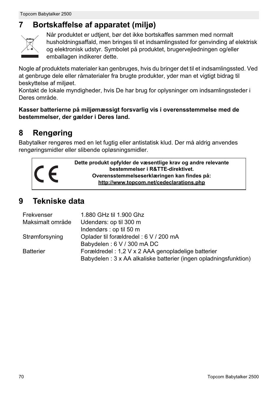 7bortskaffelse af apparatet (miljø), 8rengøring, 9tekniske data | Topcom BABYTALKER 2500 User Manual | Page 70 / 166