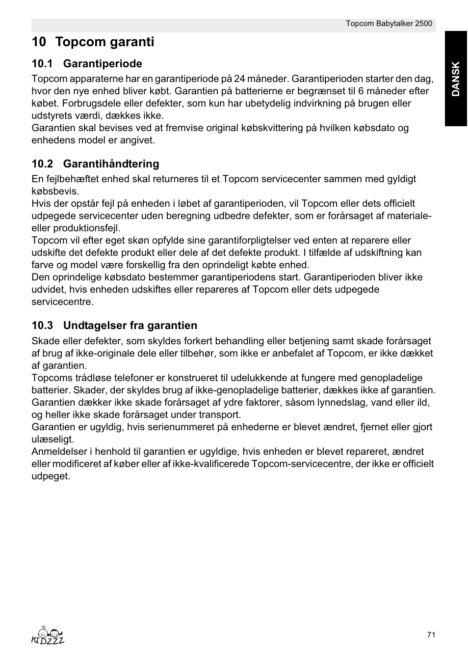 10 topcom garanti | Topcom BABYTALKER 2500 User Manual | Page 71 / 166