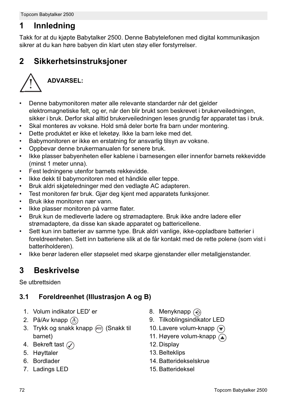 1innledning, 2sikkerhetsinstruksjoner, 3beskrivelse | Topcom BABYTALKER 2500 User Manual | Page 72 / 166