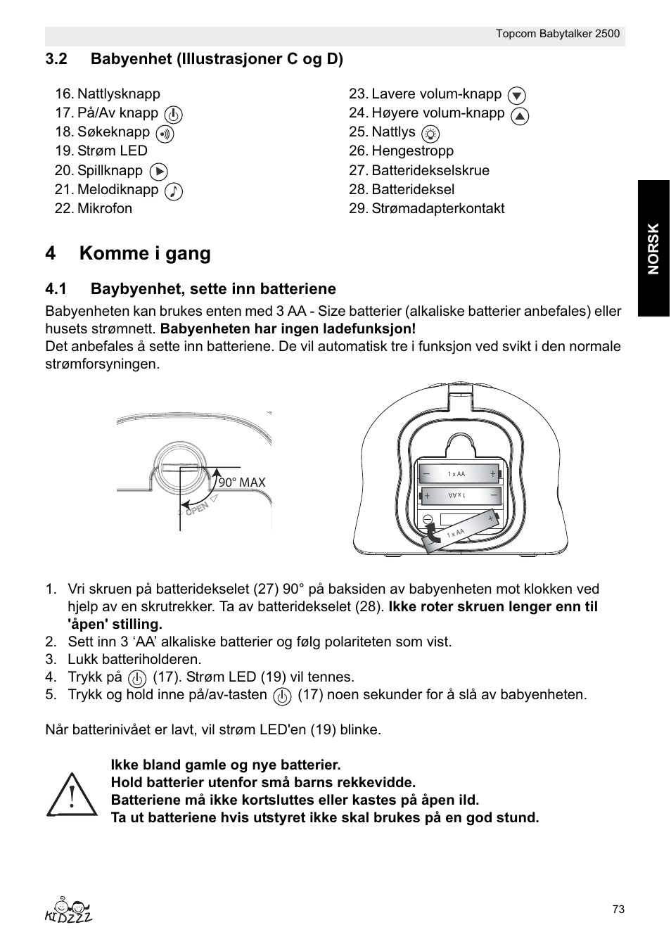 4komme i gang, 2 babyenhet (illustrasjoner c og d), 1 baybyenhet, sette inn batteriene | Norsk, 90° max | Topcom BABYTALKER 2500 User Manual | Page 73 / 166