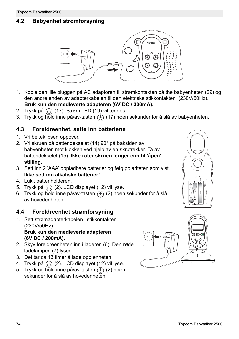 2 babyenhet strømforsyning, 3 foreldreenhet, sette inn batteriene, 4 foreldreenhet strømforsyning | Topcom BABYTALKER 2500 User Manual | Page 74 / 166