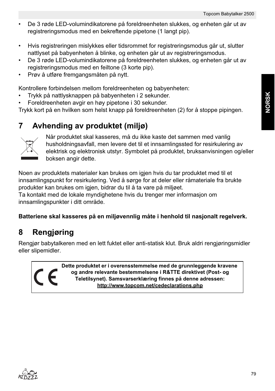 7avhending av produktet (miljø), 8rengjøring | Topcom BABYTALKER 2500 User Manual | Page 79 / 166