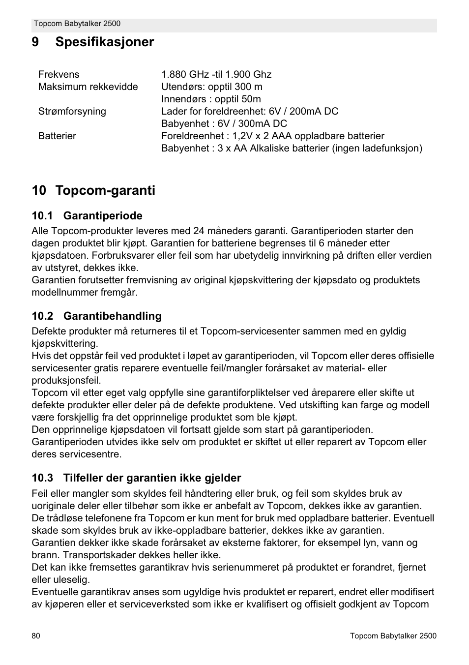 9spesifikasjoner 10 topcom-garanti | Topcom BABYTALKER 2500 User Manual | Page 80 / 166