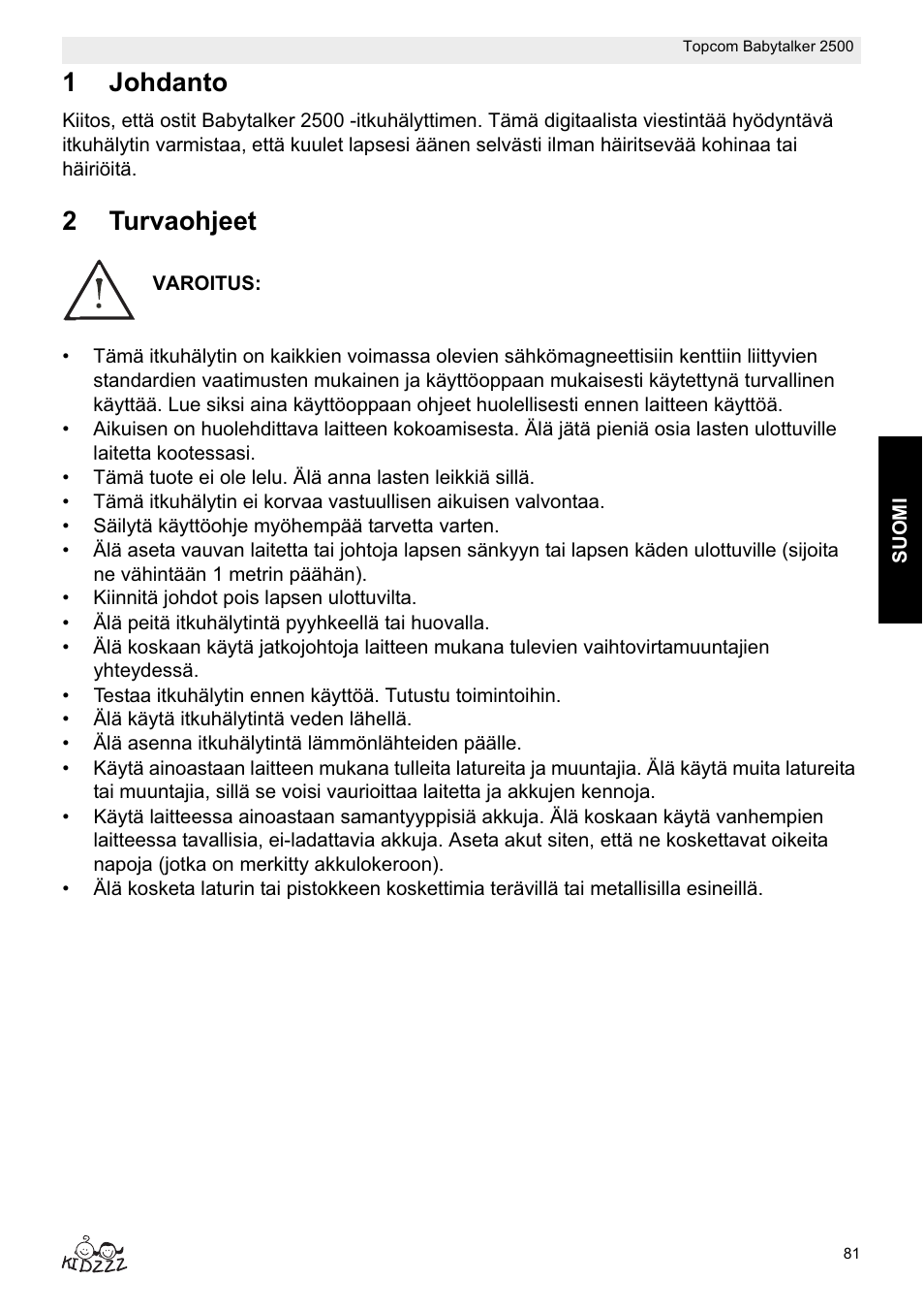 1johdanto, 2turvaohjeet | Topcom BABYTALKER 2500 User Manual | Page 81 / 166