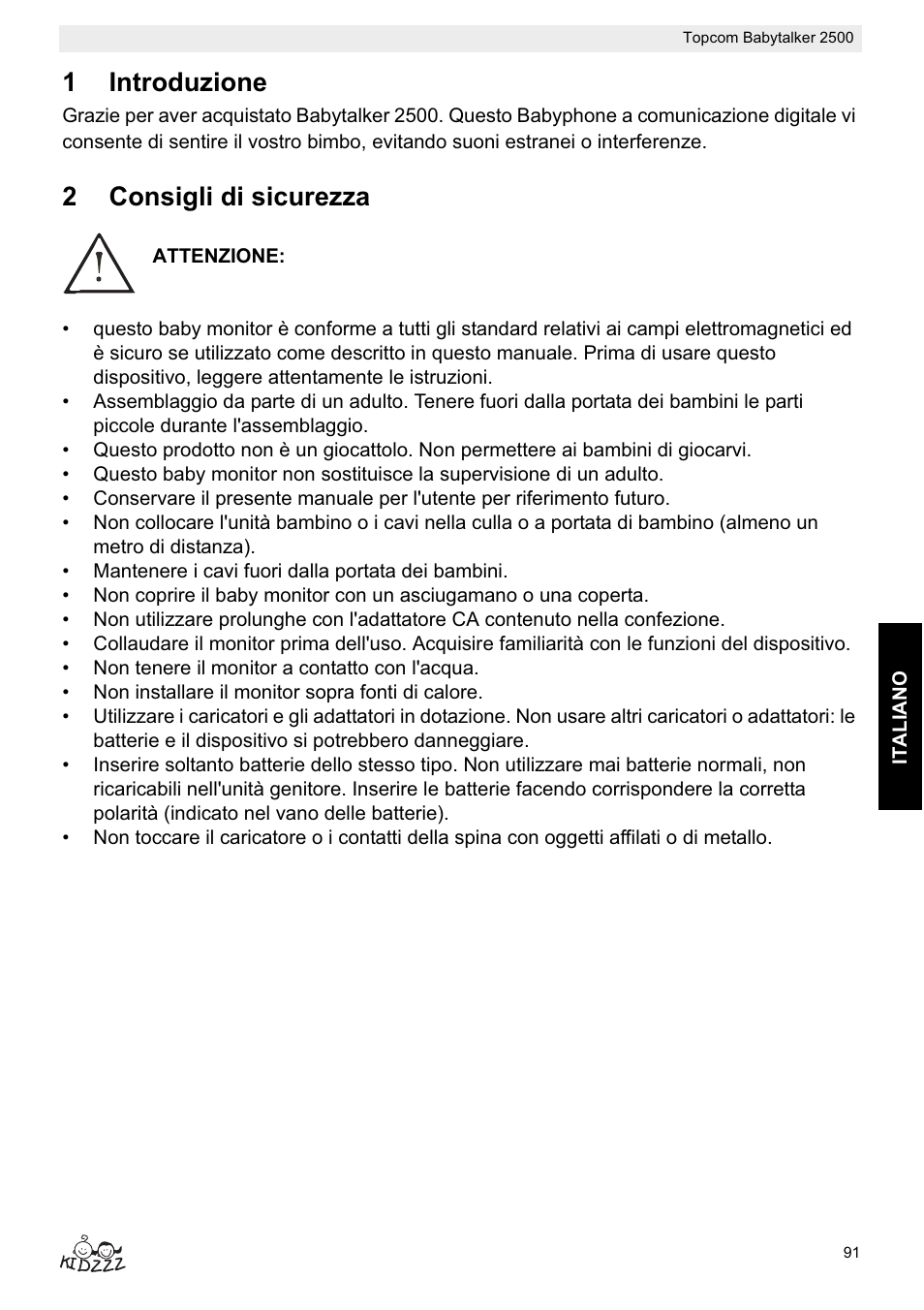 1introduzione, 2consigli di sicurezza | Topcom BABYTALKER 2500 User Manual | Page 91 / 166