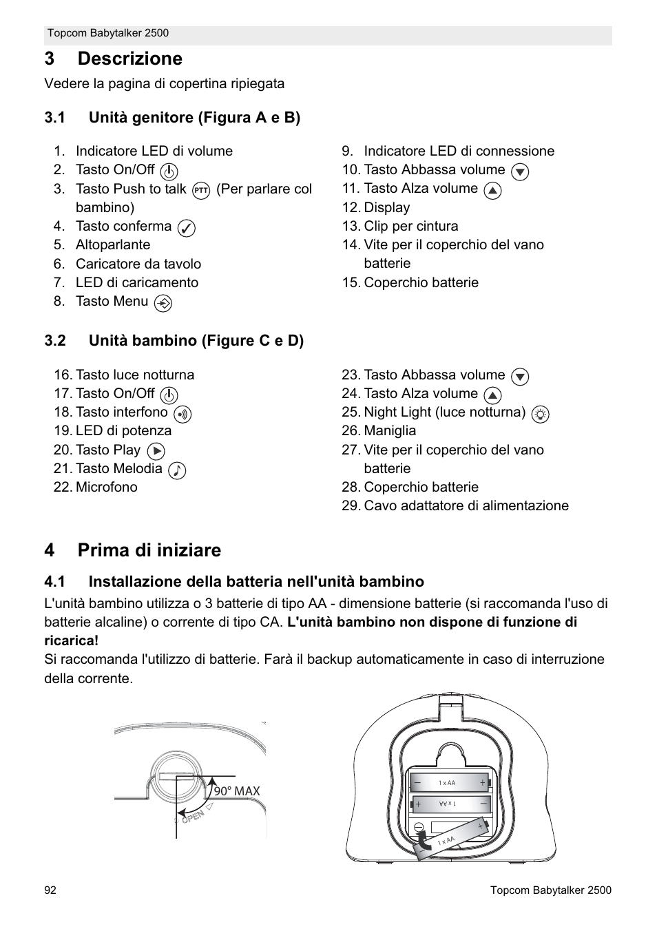 3descrizione, 4prima di iniziare, 1 installazione della batteria nell'unità bambino | Vedere la pagina di copertina ripiegata | Topcom BABYTALKER 2500 User Manual | Page 92 / 166