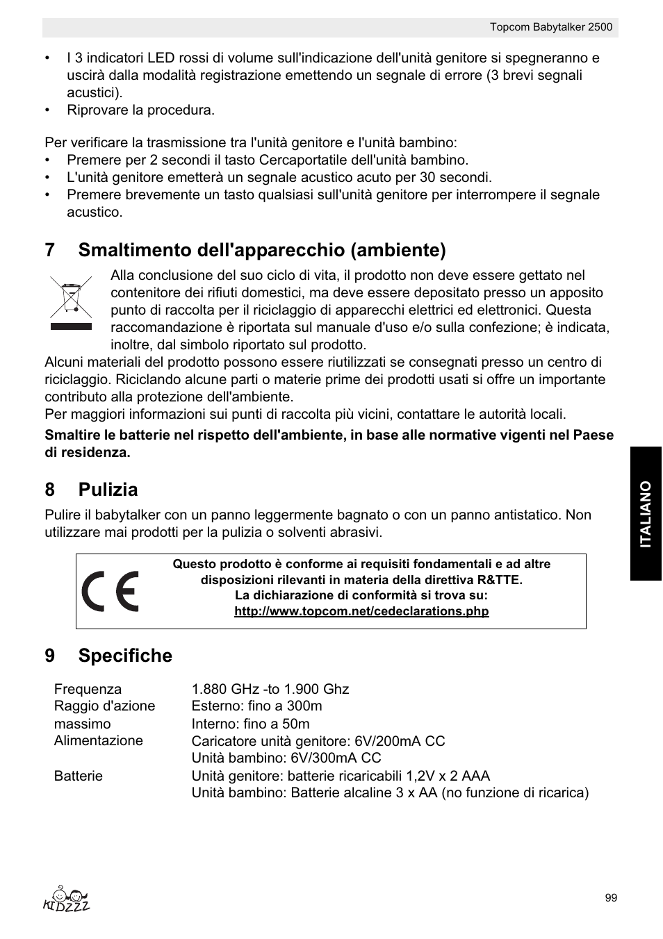 7smaltimento dell'apparecchio (ambiente), 8pulizia, 9specifiche | Topcom BABYTALKER 2500 User Manual | Page 99 / 166