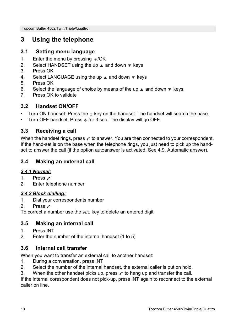3using the telephone | Topcom Butler 4502 User Manual | Page 10 / 28