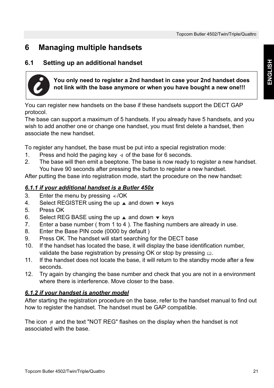 6managing multiple handsets | Topcom Butler 4502 User Manual | Page 21 / 28