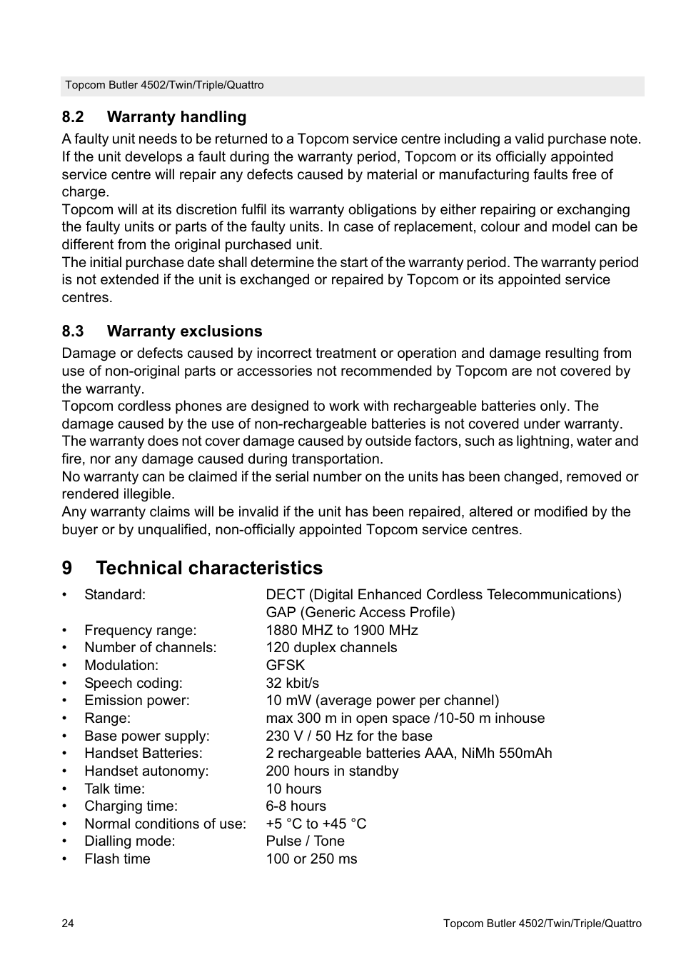 9technical characteristics | Topcom Butler 4502 User Manual | Page 24 / 28