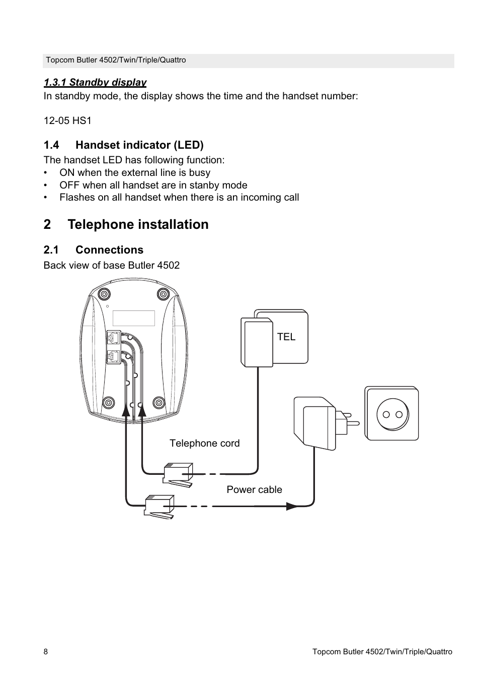 2telephone installation | Topcom Butler 4502 User Manual | Page 8 / 28