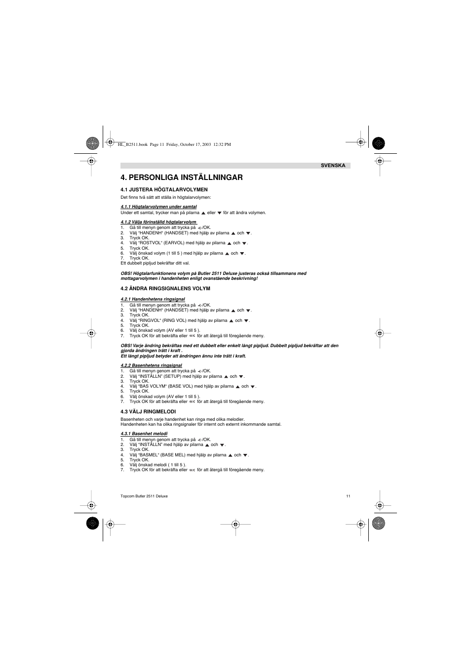 Personliga inställningar | Topcom BUTLER 2511 Deluxe User Manual | Page 11 / 88