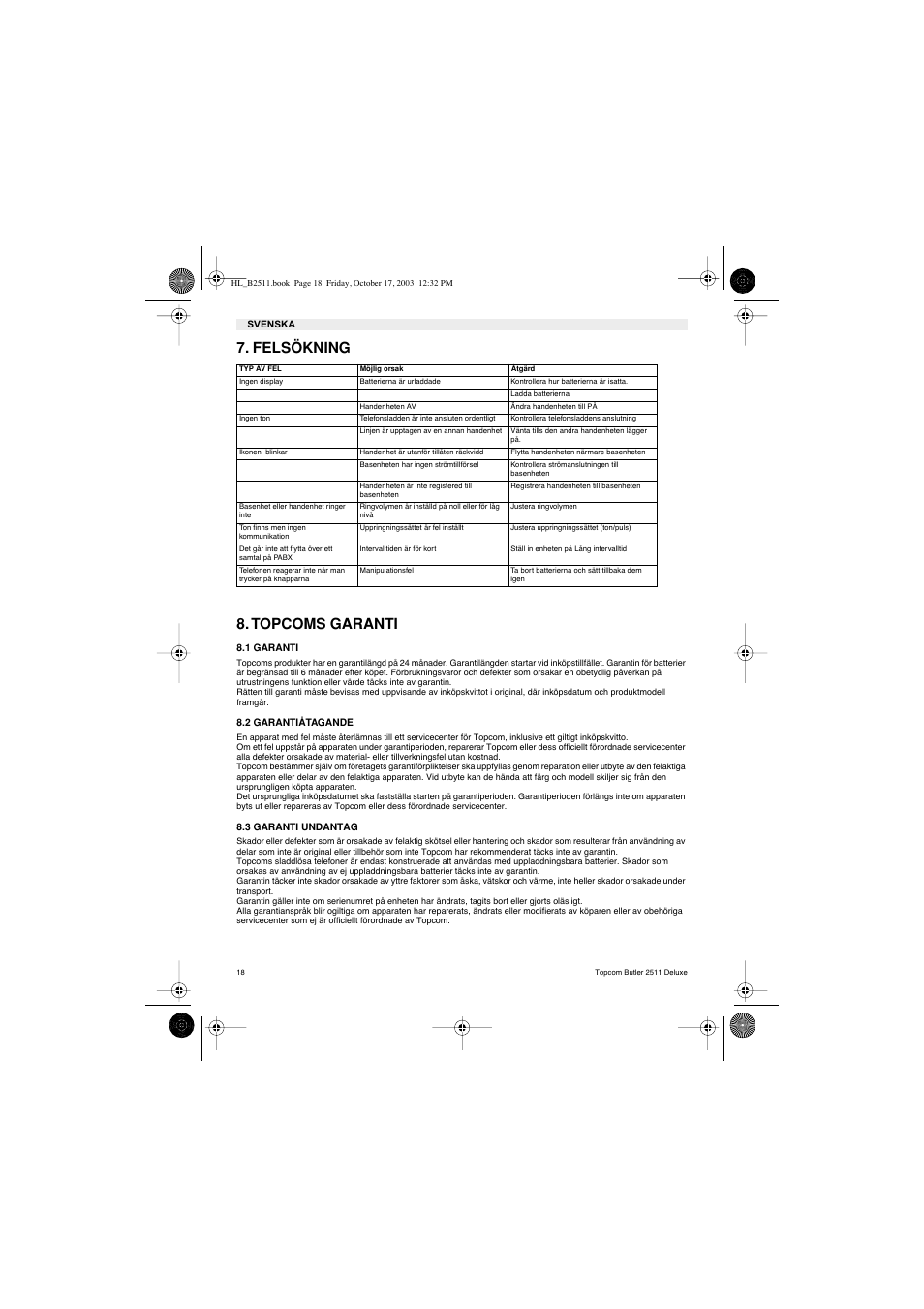 Felsökning 8. topcoms garanti | Topcom BUTLER 2511 Deluxe User Manual | Page 18 / 88