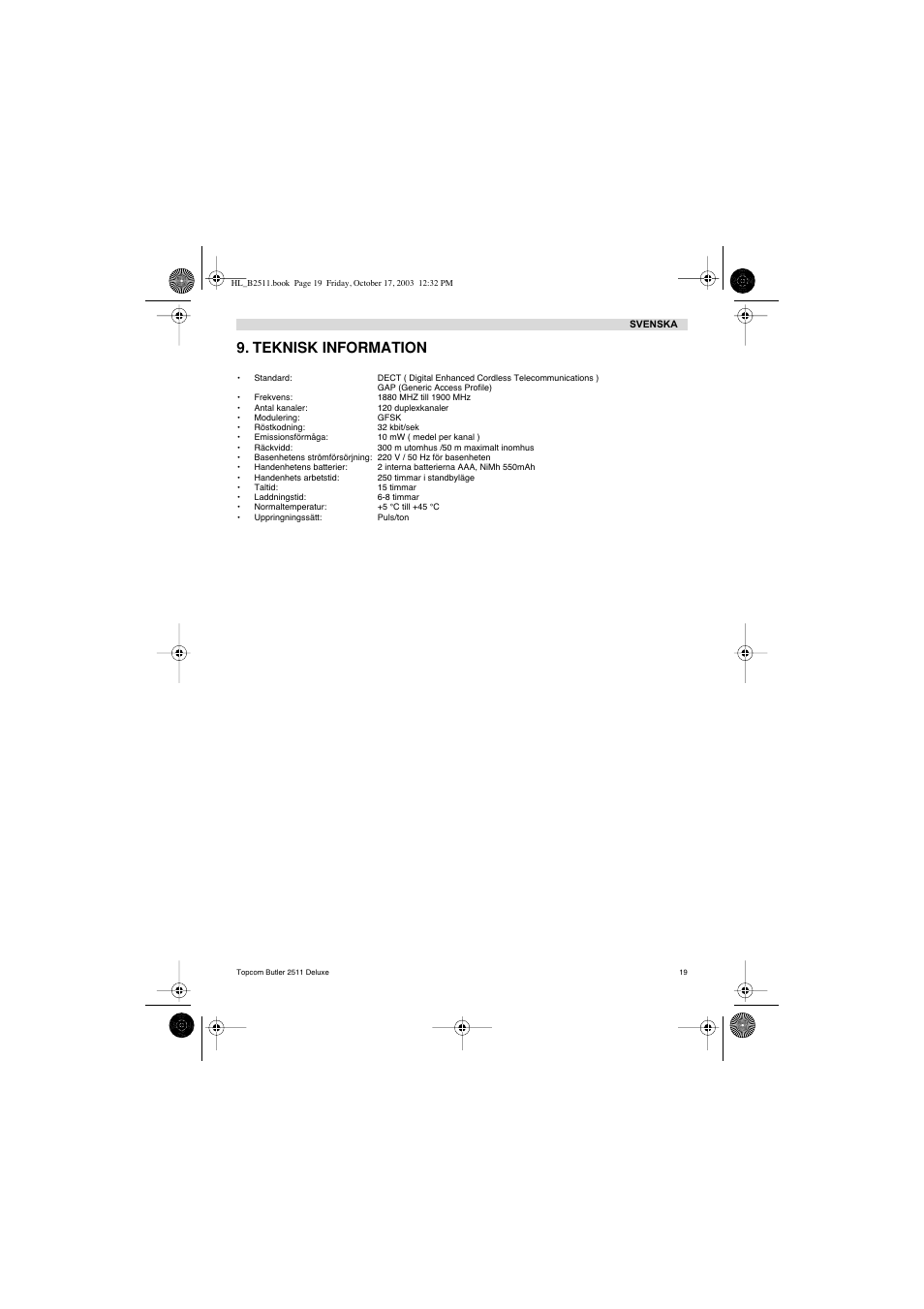 Teknisk information | Topcom BUTLER 2511 Deluxe User Manual | Page 19 / 88