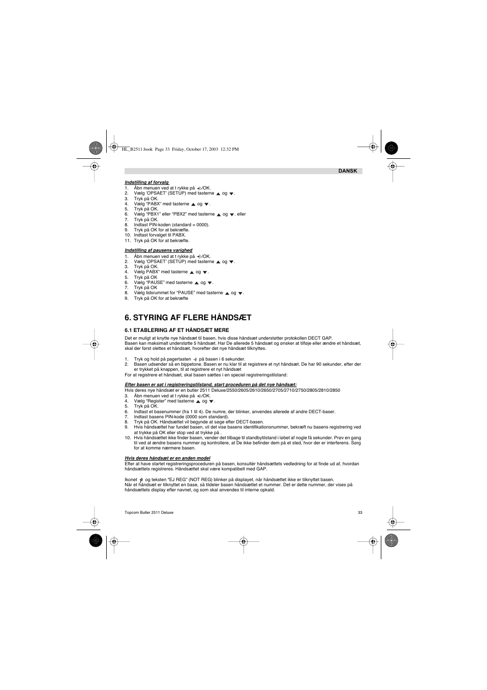 Styring af flere håndsæt | Topcom BUTLER 2511 Deluxe User Manual | Page 33 / 88
