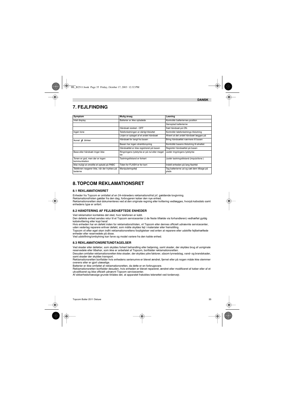 Fejlfinding 8. topcom reklamationsret | Topcom BUTLER 2511 Deluxe User Manual | Page 35 / 88