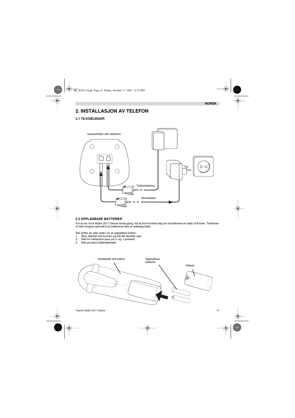 Installasjon av telefon | Topcom BUTLER 2511 Deluxe User Manual | Page 41 / 88
