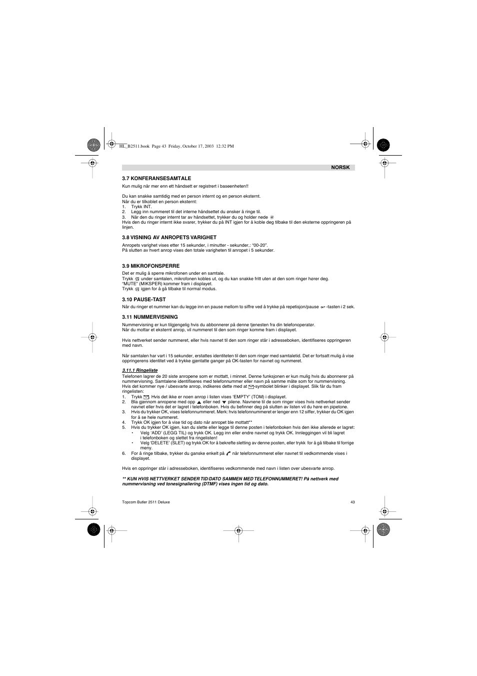Topcom BUTLER 2511 Deluxe User Manual | Page 43 / 88