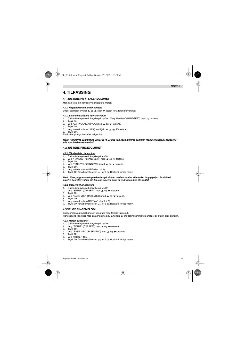 Tilpassing | Topcom BUTLER 2511 Deluxe User Manual | Page 45 / 88